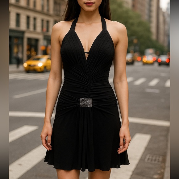 ABS Allen Schwartz Dresses & Skirts - ABS By Allen Swartz Y2K Elegant Black Dress Size S Buckle Rhinestones Draped